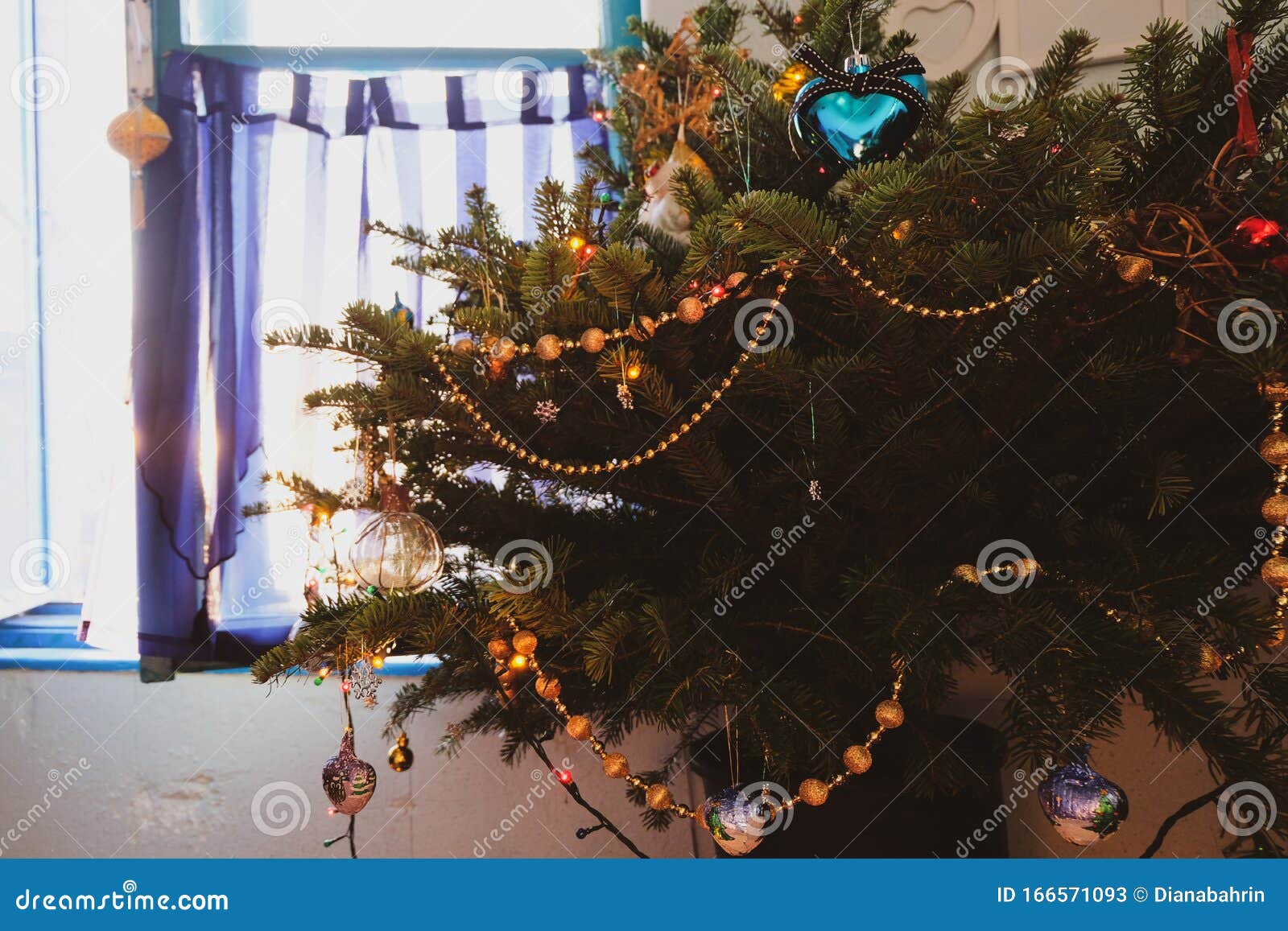 Небольшая естественная елка оформленный возле окна Уютная домашняя  атмосфера Стоковое Изображение - изображение насчитывающей волшебство,  солнце: 166571093