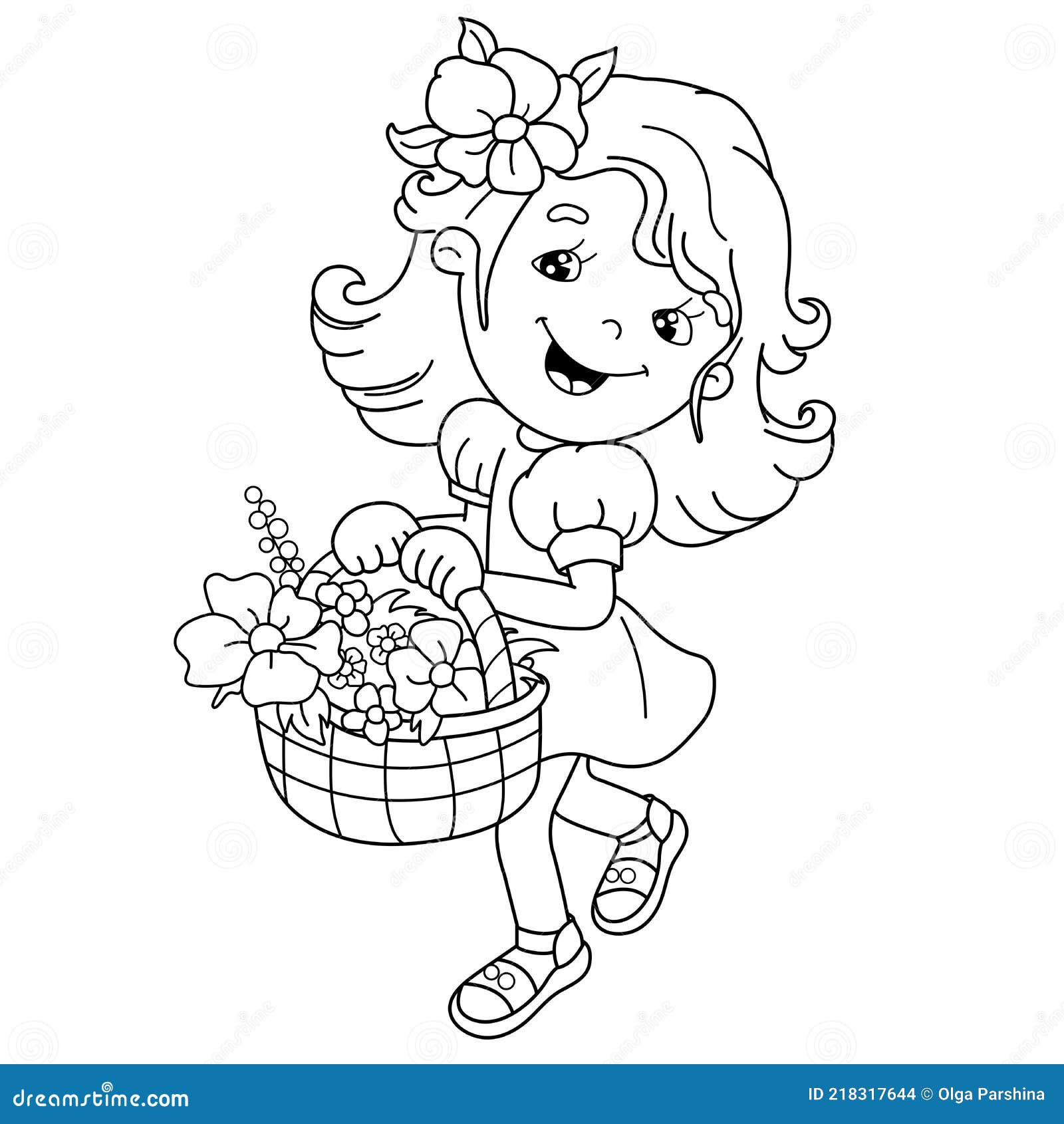 очертания страницы рисунка девушки с корзиной цветов. летняя активность.раскраска для детей Иллюстрация вектора - иллюстрации насчитывающей отдых,активизма: 218317644