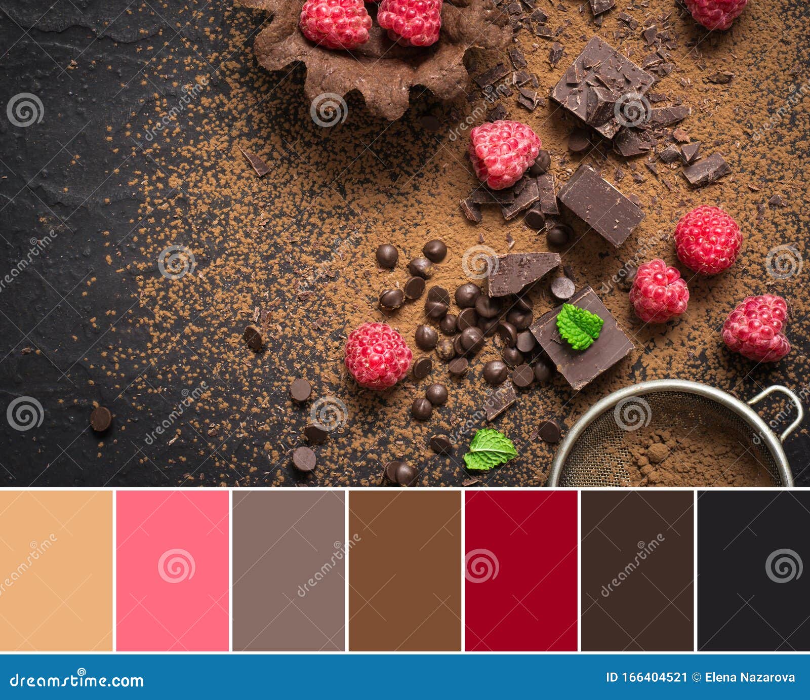 Палитра подбора цветов из частей шоколада и свежей малины Фон десерт в  коричневых и розовых тонах Стоковое Изображение - изображение насчитывающей  еда, десерт: 166404521