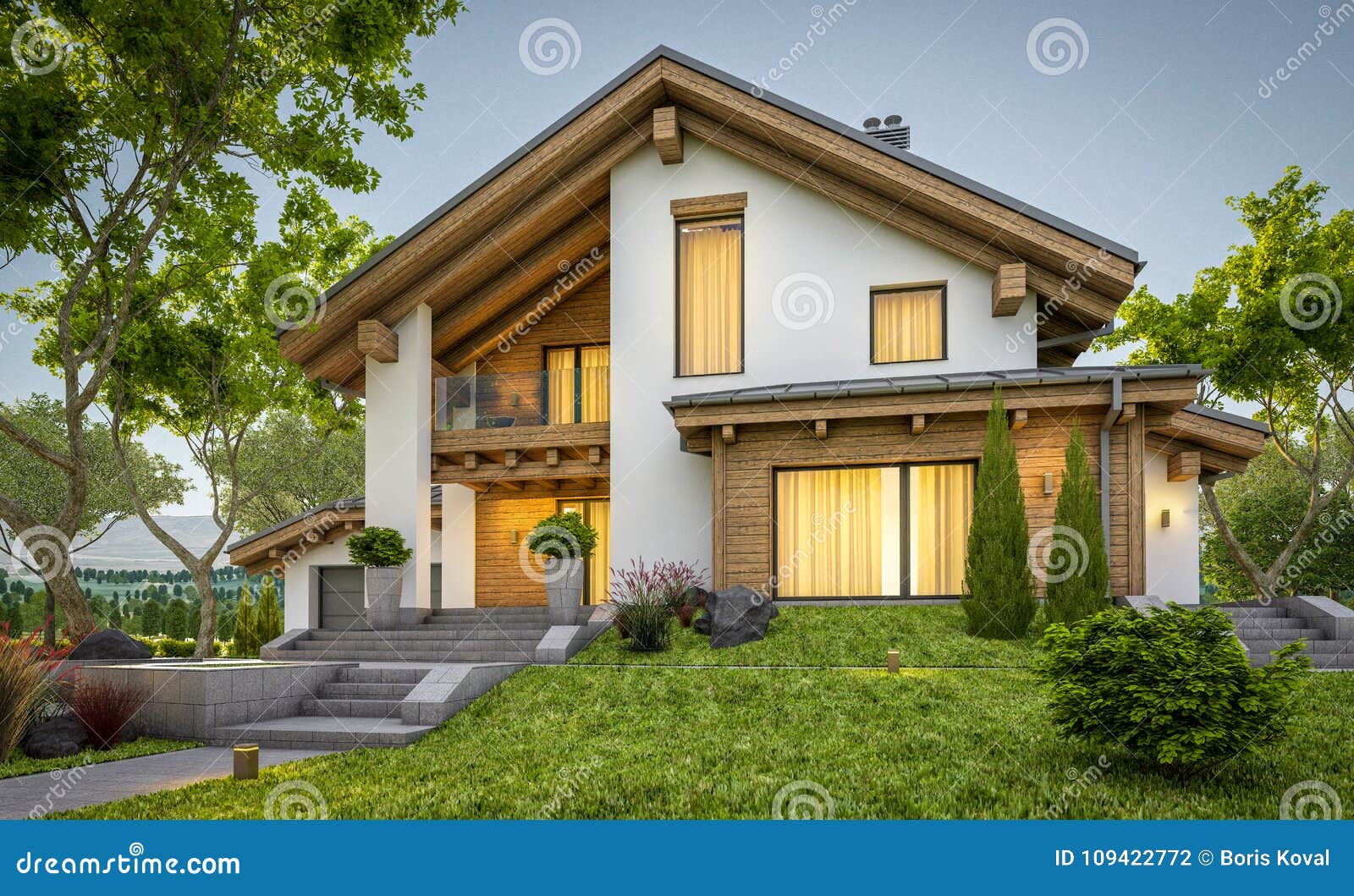 перевод 3d современного уютного дома в стиле шале Стоковое Фото -  изображение насчитывающей ландшафт, зодчества: 109422772