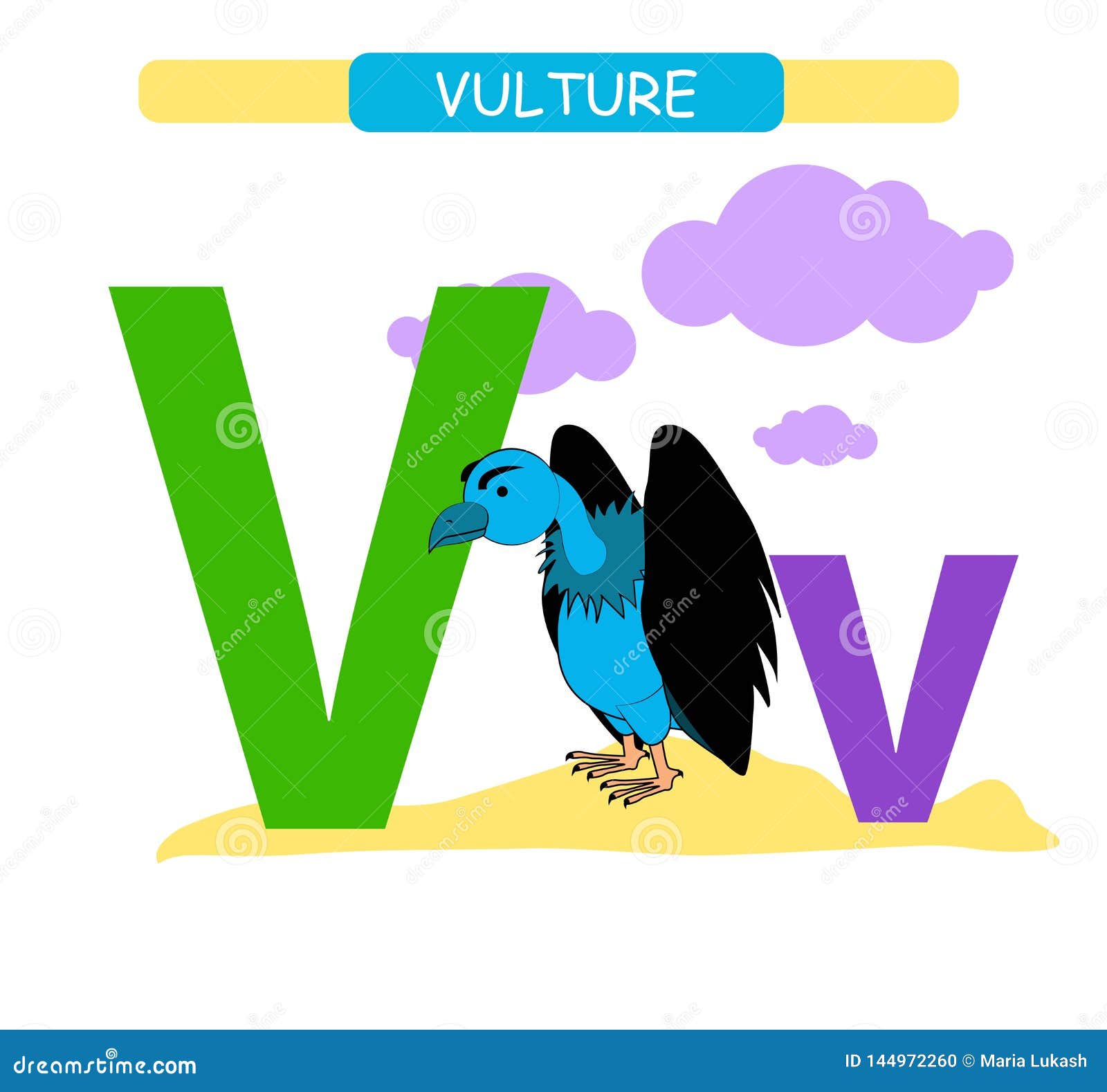 Letter V and Funny Cartoon Vulture. Animals Alphabet a-z. Cute Zoo Alphabet  in Vector for Kids Learning English Vocabulary. Printa Stock Vector -  Illustration of language, purple: 144972260
