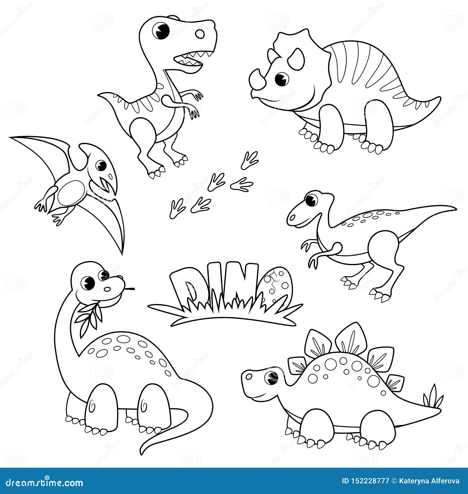 Set Of Cartoon Dinosaurs Cute Dino Black And White Vector Illustration For Coloring Book Stock Vector Illustration Of Prehistoric Pterodactyl 152228777