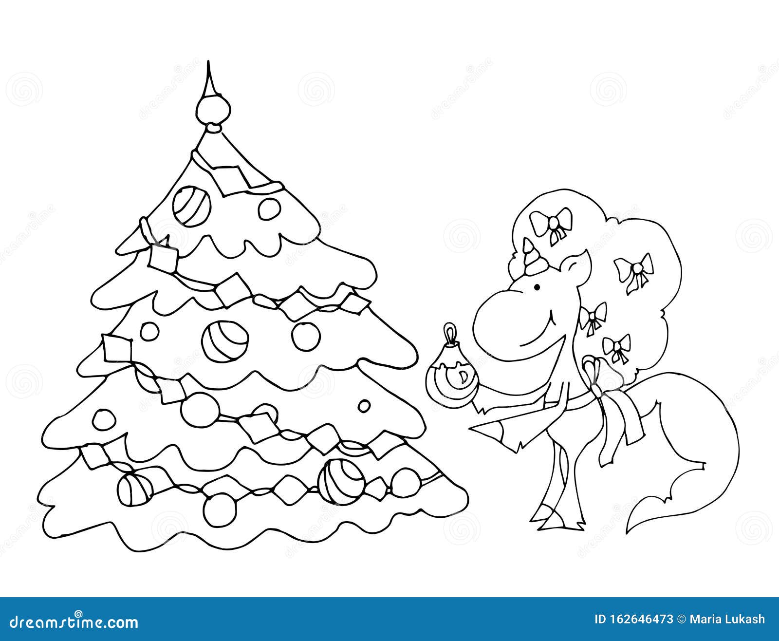 Download Coloring Book For Kids Unicorn Paints A Christmas Toy On A Christmas Tree Winter New Year And Merry Christmas Spirit Black An Stock Vector Illustration Of Love Drawing 162646473