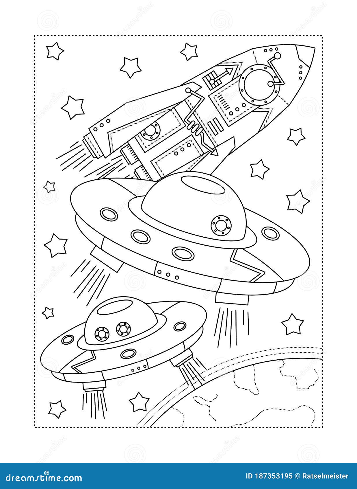 Coloring Page with Outer Space Scene, UFOs, Spaceship Stock Vector -  Illustration of earth, page: 187353195