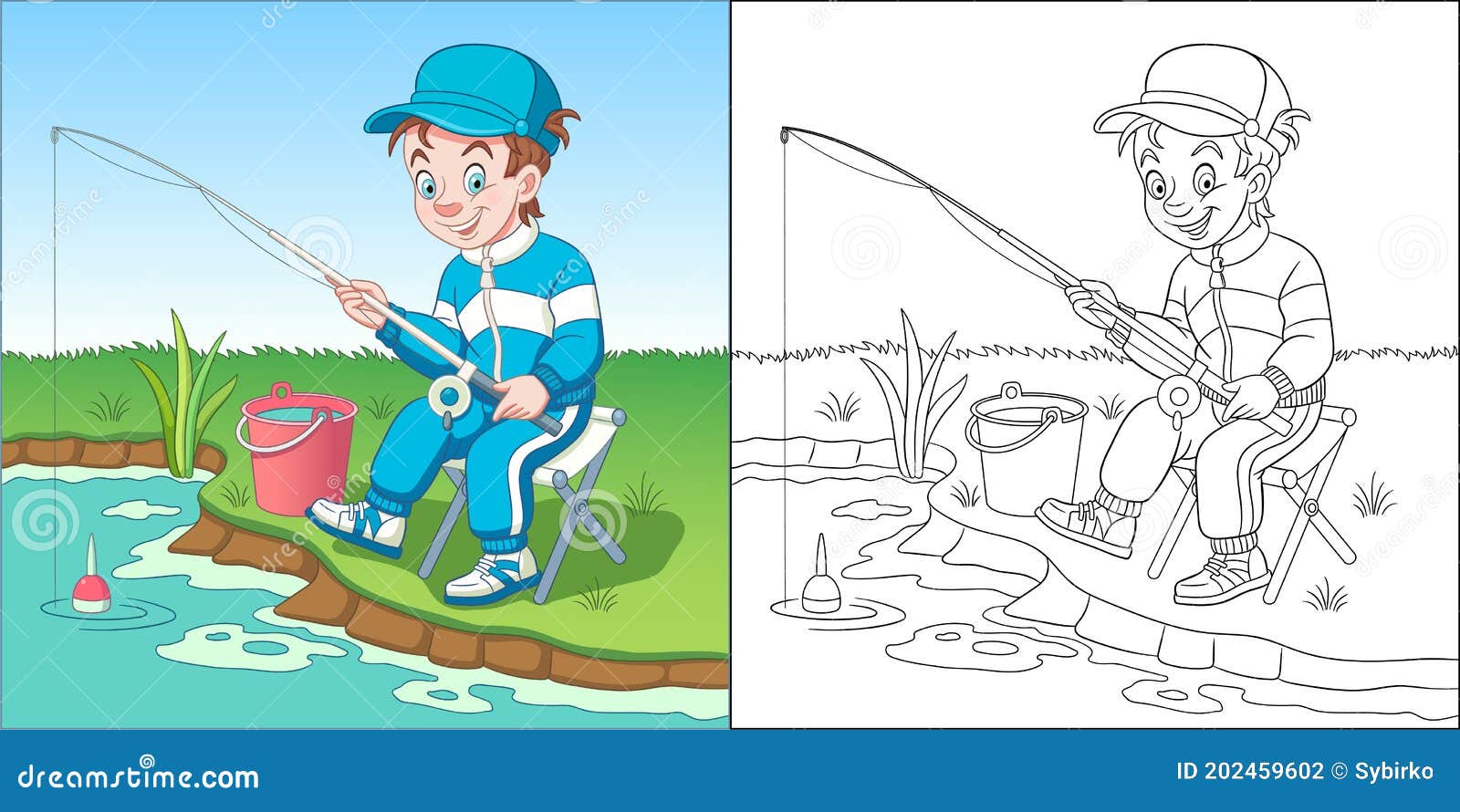 Coloring Page with Boy Fishing Stock Vector - Illustration of
