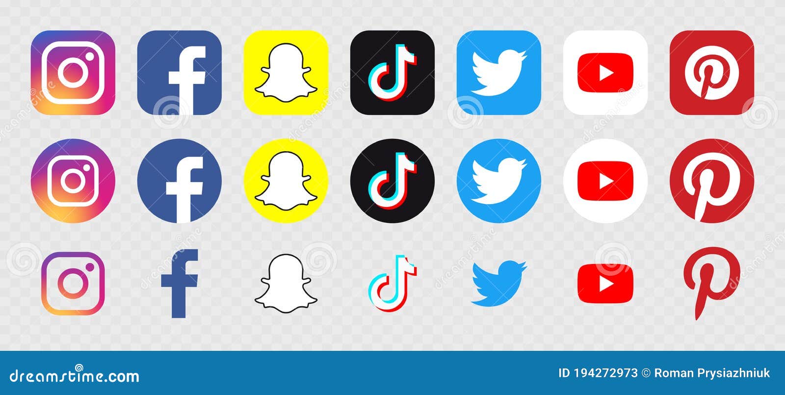 Instagram, Facebook, Snapchat, TikTok, Twitter, YouTube and Pinterest  Social Media Logo Set. Vector Editorial Stock Photo - Illustration of logo,  editorial: 194272973