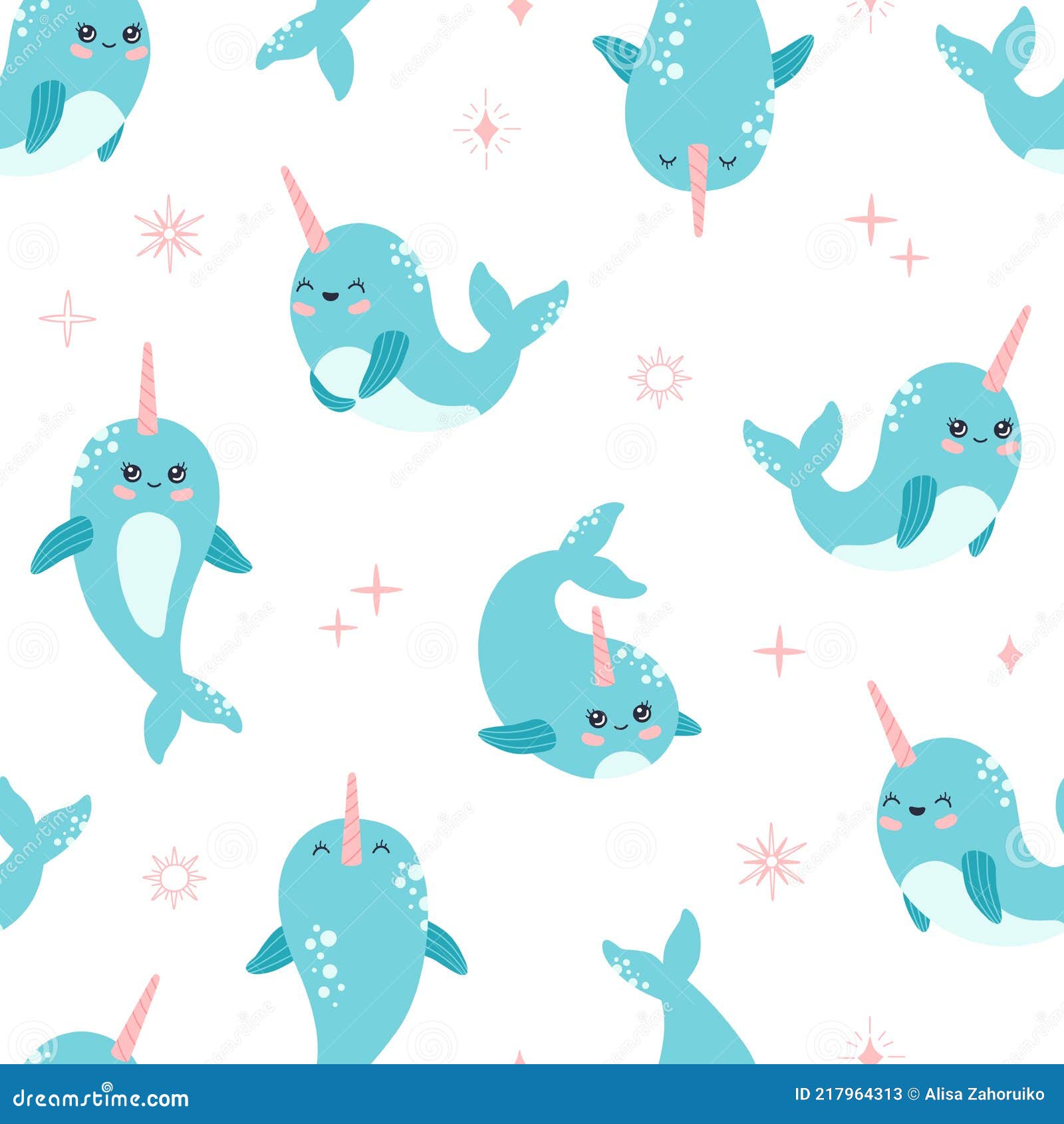 Kawaii Smiling Narwhal or Unicorn Seamless Pattern Stock Vector -  Illustration of icon, cartoon: 217964313