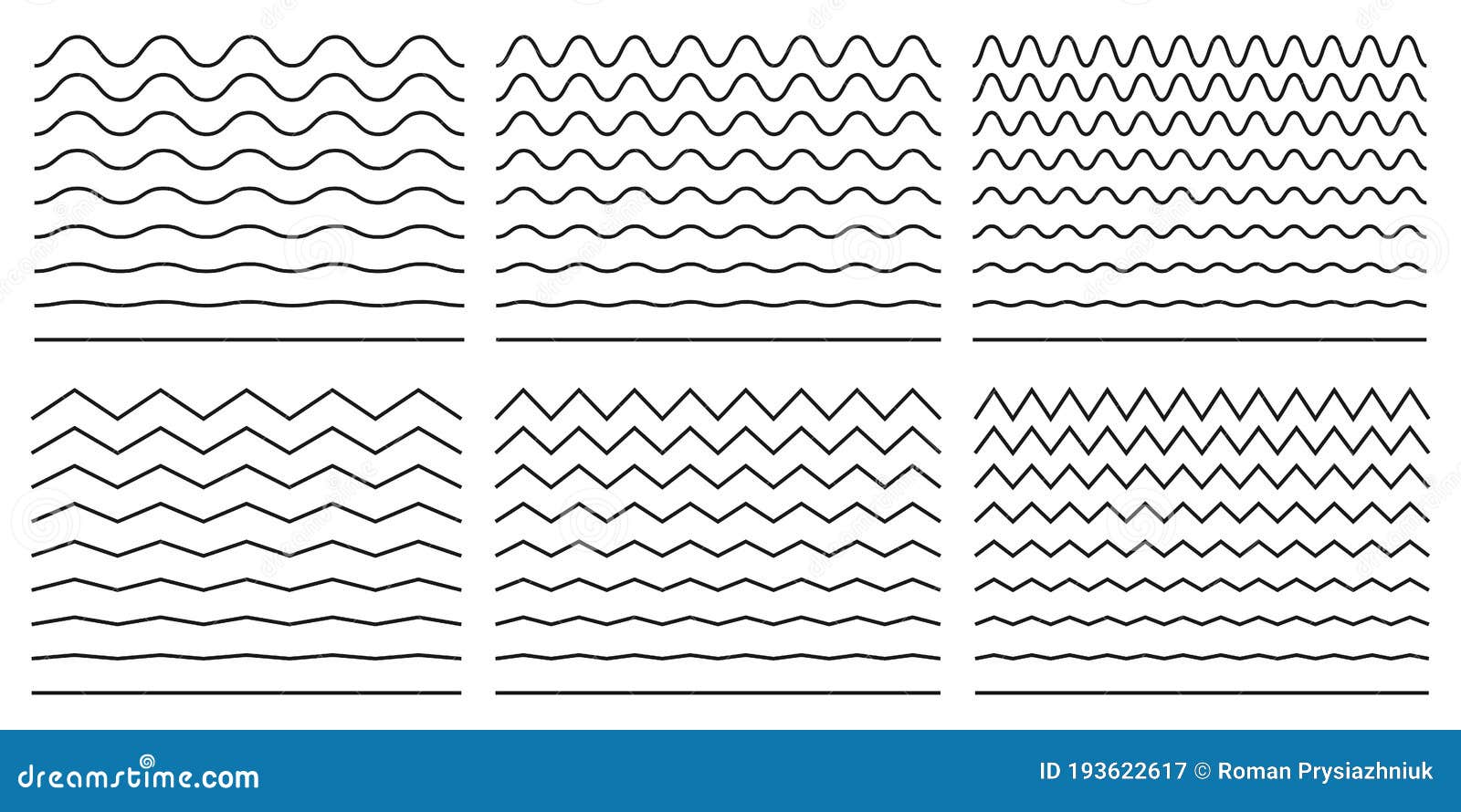 Seamless Wavy Line and Zigzag Patterns Set. Horizontal Curvy Waves