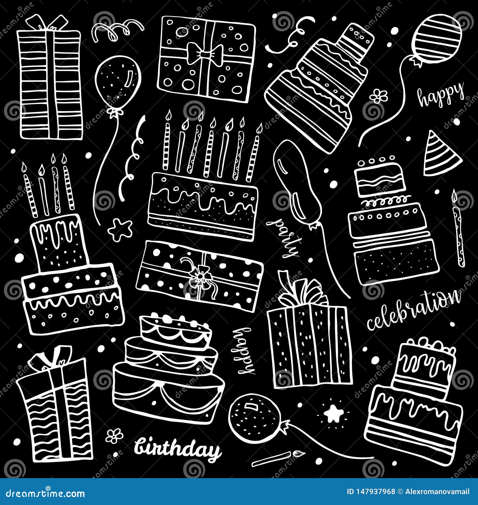 Set Of Stylized Birthday Cakes Balloons Wishes And Decorations