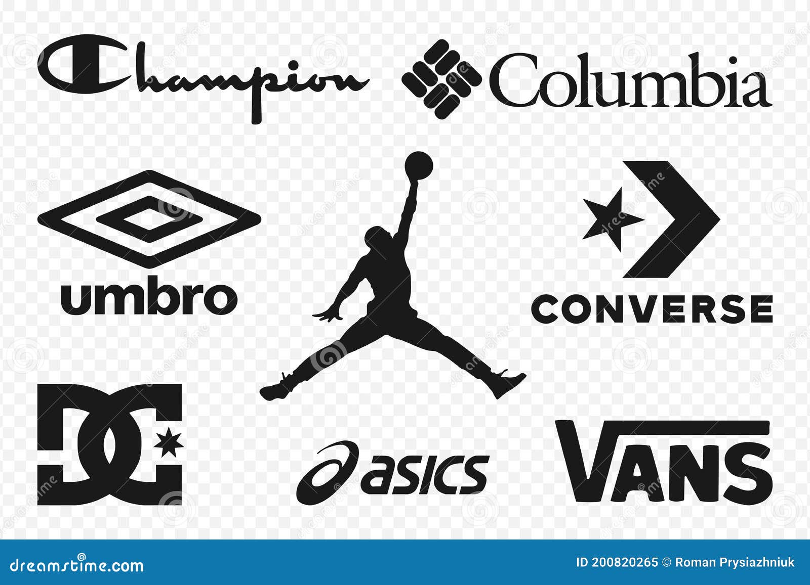 Top Clothing Brands Logos. Set of Most Popular Logo - Jordan, Columbia,  Champion, Converse, Umbro, Vans, Asics, DC Shoes Editorial Image -  Illustration of popular, text: 200820265
