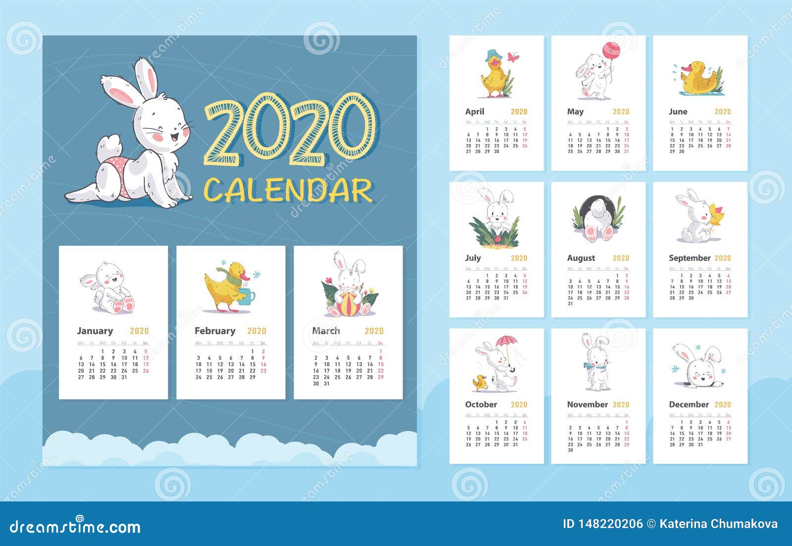 Vector 2020 Baby Calendar Design Template With Cute White Bunny