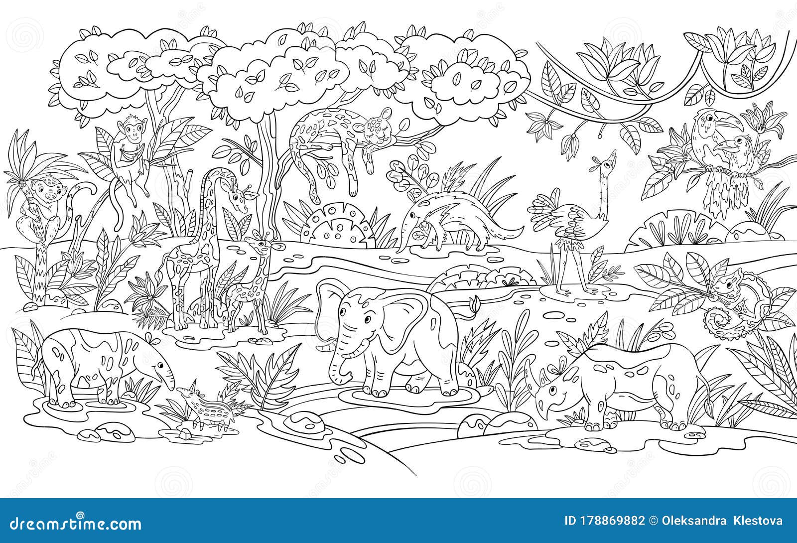 Download Vector Coloring Page For Kids With Tropical Animals Birds And Trees Stock Vector Illustration Of Book Comic 178869882