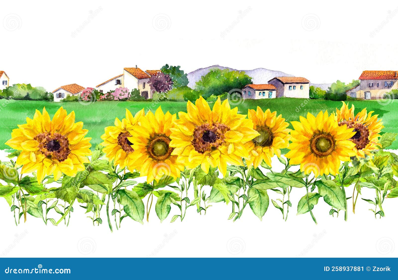 подсолнухи и деревенские дома. гладкая полоса из цветочной рамы с цветущимицветами. повторная граница Иллюстрация штока - иллюстрации насчитывающейграфик, чертеж: 258937881