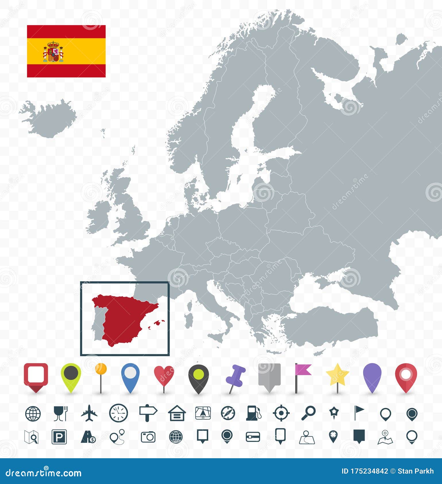 Позиция Испании на карте Европы. Прозрачный фон Иллюстрация вектора -  иллюстрации насчитывающей икона, прозрачно: 175234842