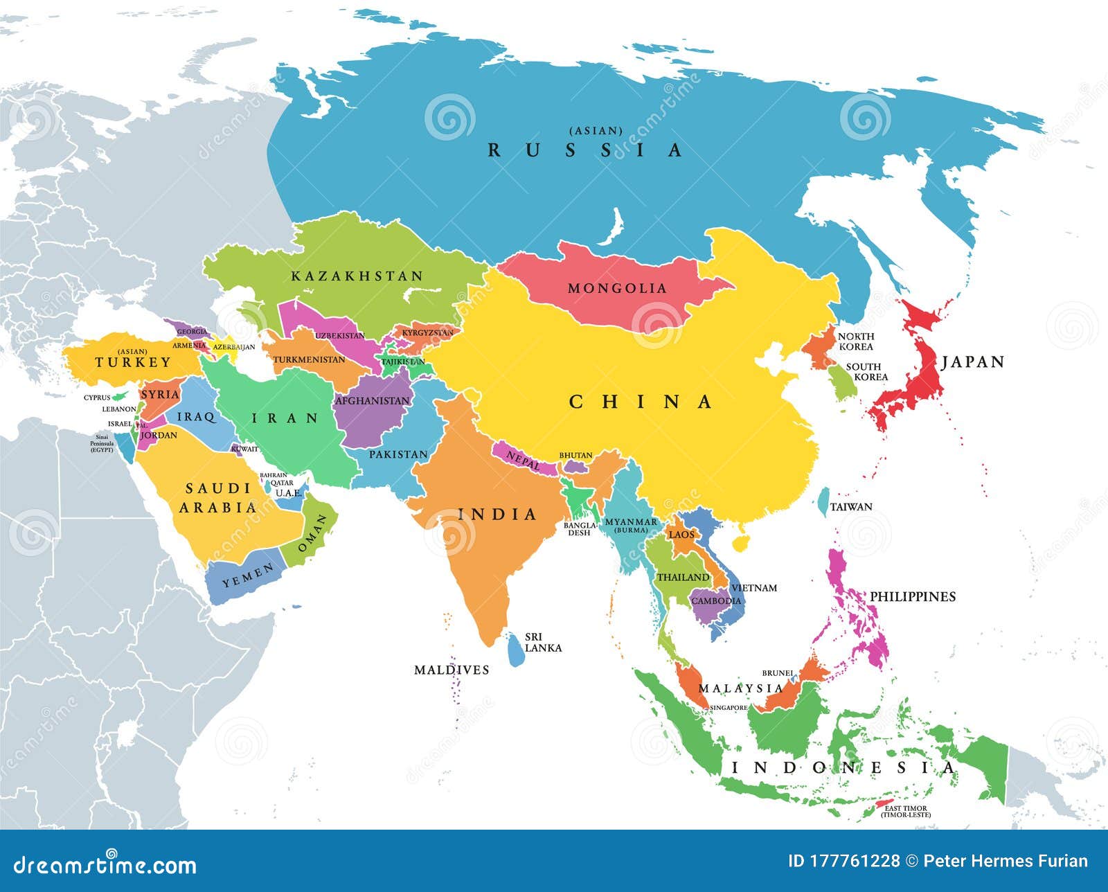 Политическая карта Азии континента с цветными едиными государствами истранами Иллюстрация вектора - иллюстрации насчитывающей индонесия,сопоставление: 177761228