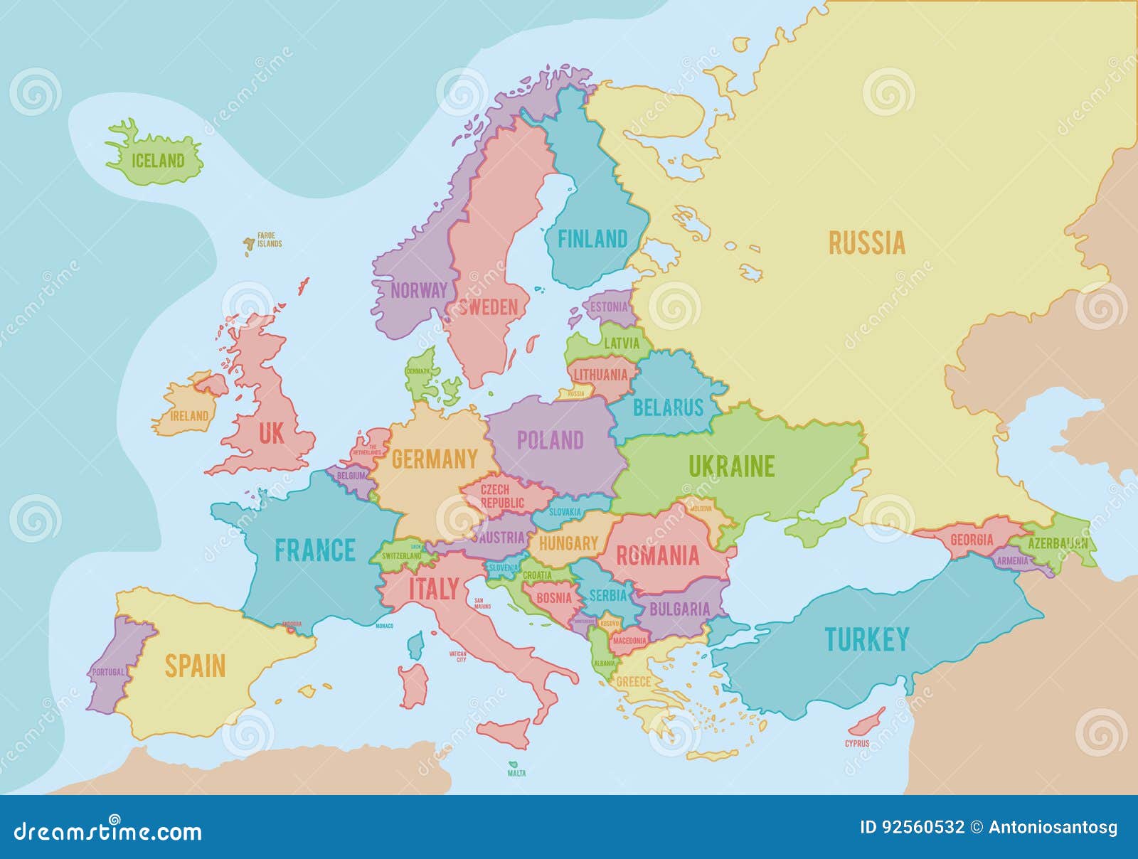 Политическая карта Европы с цветами и границами для каждой страны и именамив английском Иллюстрация вектора - иллюстрации насчитывающей армении, карта:92560532