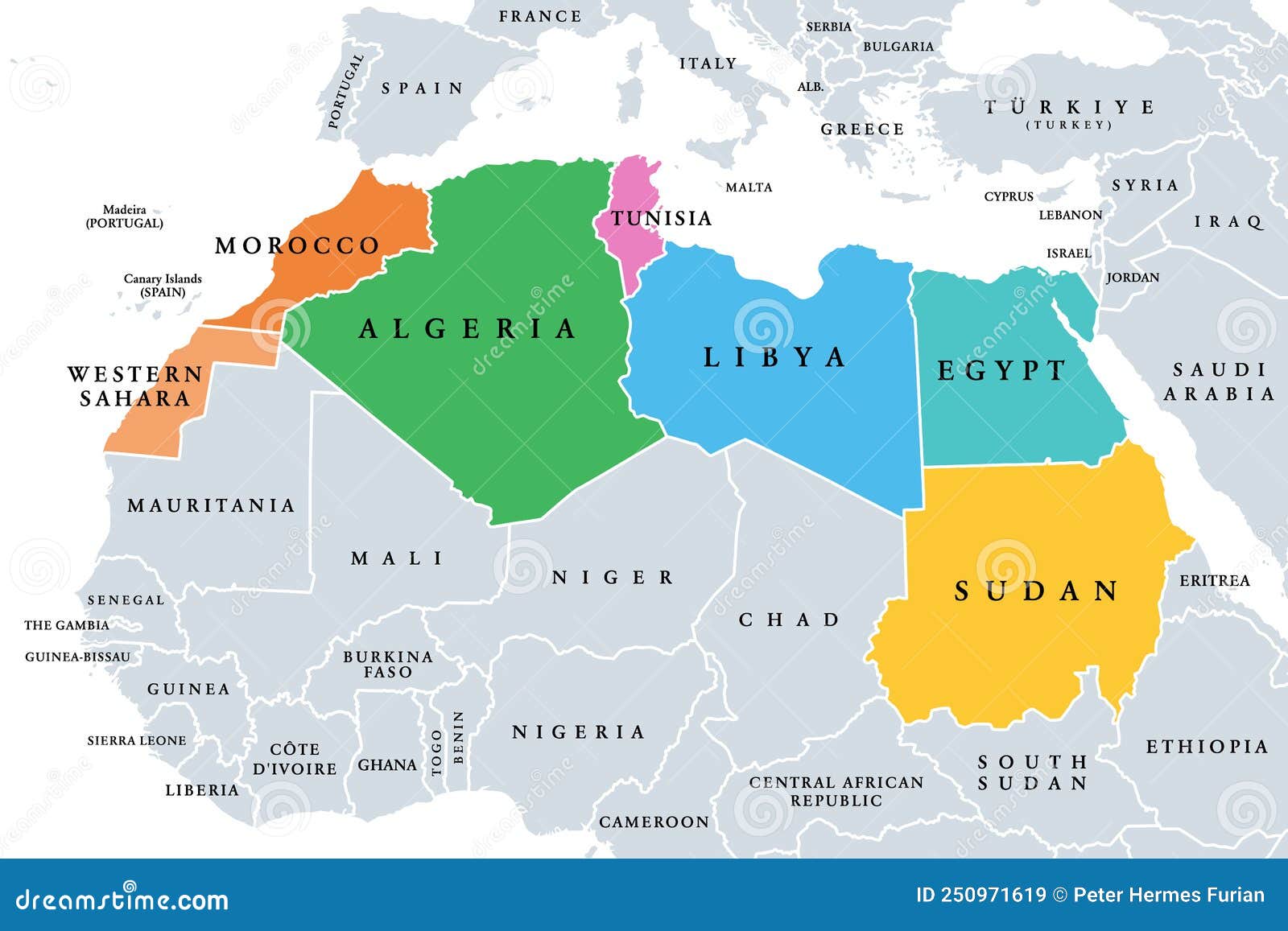 политическая карта субрегиона Северной Африки с едиными странамиИллюстрация вектора - иллюстрации насчитывающей серо, египет: 250971619