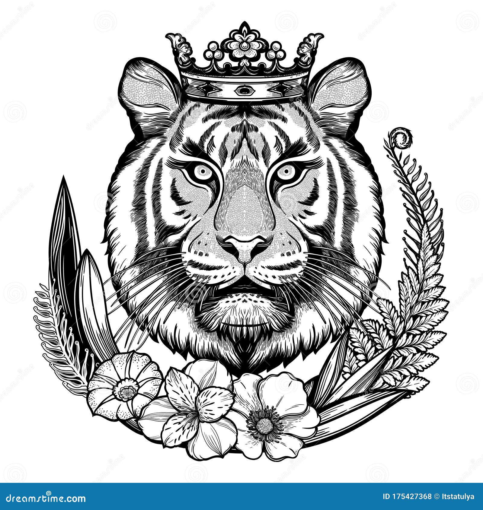 Портрет тигра в рамке тропических цветов Магическое искусство мечты Ночь,  природа, символ викки Изолированный векторный рисунок Иллюстрация вектора -  иллюстрации насчитывающей шерсть, головка: 175427368