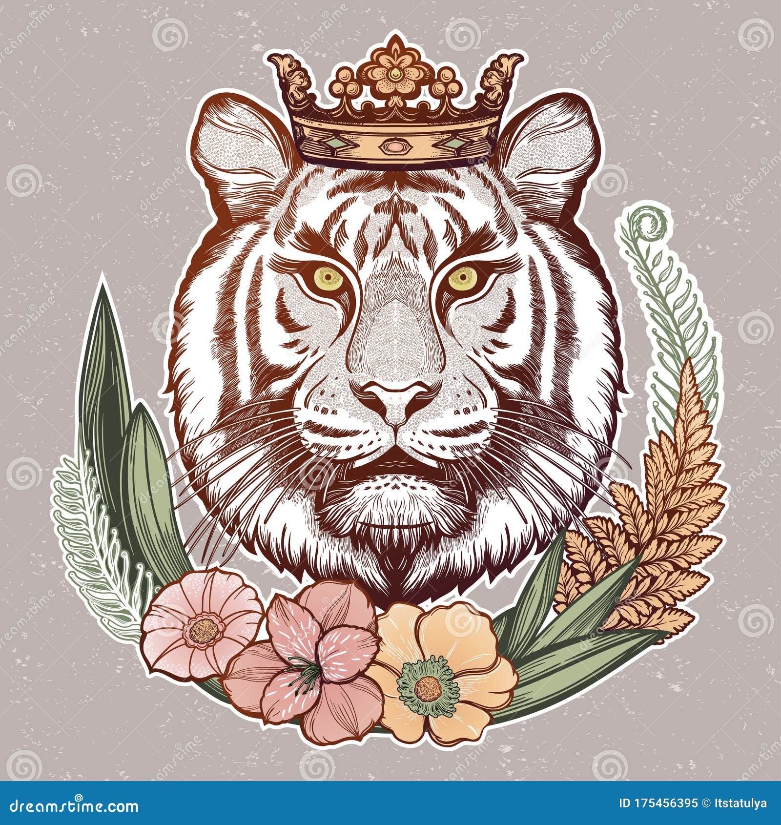 Портрет тигра в тропической раме цветов. Мечтательное волшебное искусство.  Символ Wicca природы ночи. Изолированную иллюстрация ве Иллюстрация вектора  - иллюстрации насчитывающей художничества, сторона: 175456395