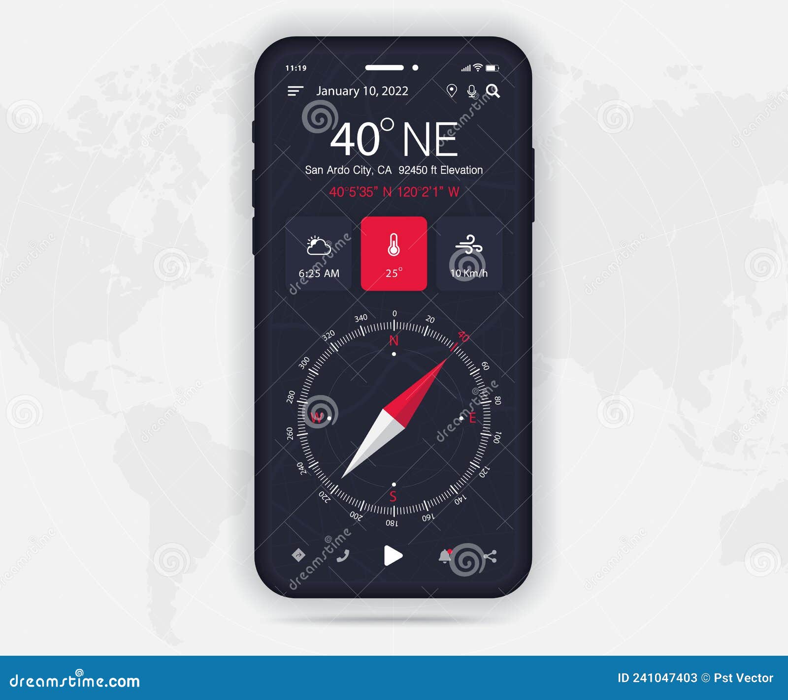 приложение Compass Ui Ux Gui концептуальная карта Gps приложение на экране  смартфон навигация погода для навигатора Ui Иллюстрация вектора -  иллюстрации насчитывающей навигатор, навигация: 241047403