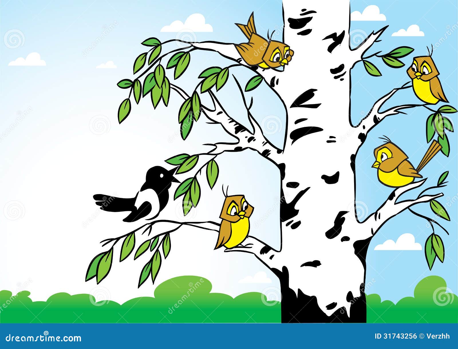 Воробьев березка. Птичка на Березе. Ветки березы с птицами. Птичка на дереве мультяшная. Весеннее дерево со скворечником.