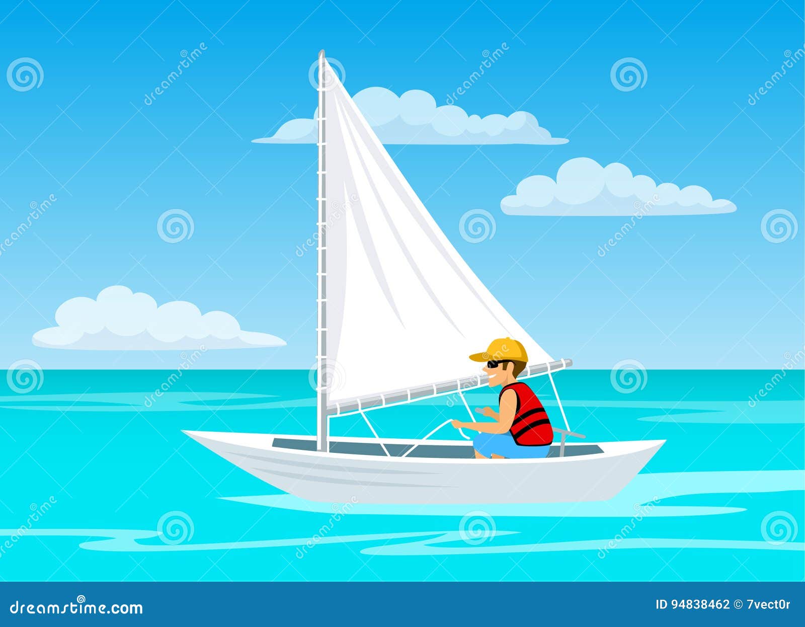 Путешественник переплыл спокойное озеро на яхте. Поплавать на паруснике. Яхта с парусами из мультфильма. Море Парус вектор. Картинка человек на плывущего парусника.