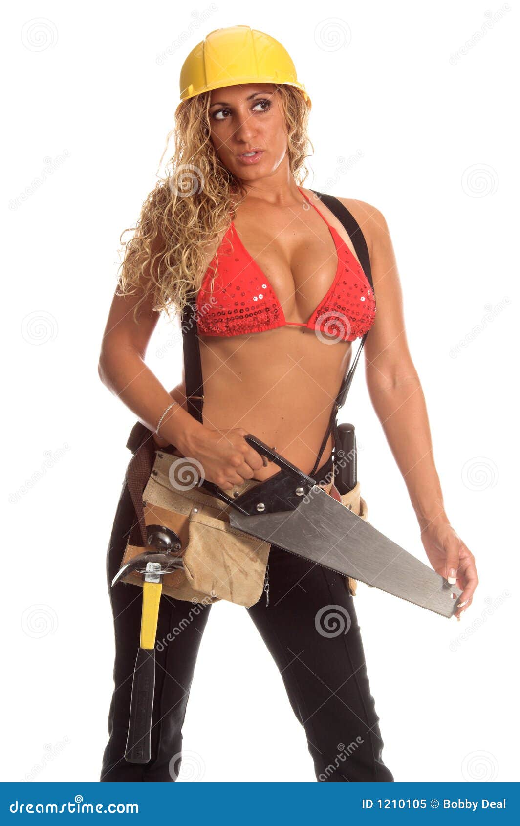 Sexy Caucasian Handyman Posing With His Toolbelt Wearing Aviator Stock Photo