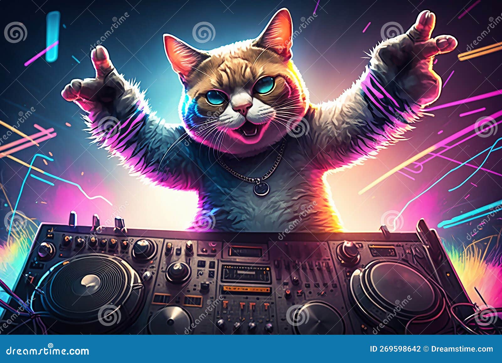радостный танцующий кот как дидж в клубе за Dj консолью в атмосфере Dj  наушников. технология обобщения Иллюстрация штока - иллюстрации  насчитывающей танцулька, пульт: 269598642