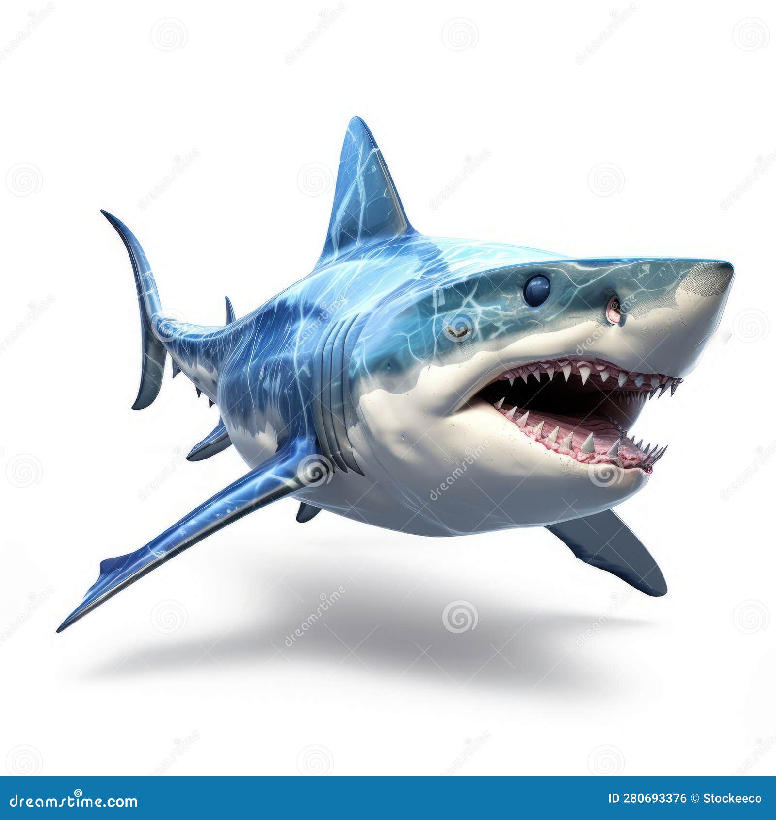 реалистичная акула-мультфильм, прыгающая на белом фоне Иллюстрация штока -  иллюстрации насчитывающей потеха, тварь: 280693376