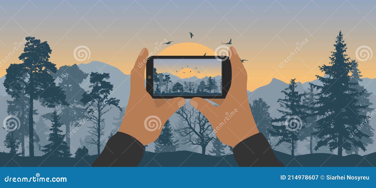 2 Руки телефон холдинга человека и фотографии сделать хвойные леса и  восхода солнца и летящих птиц горы. Иллюстрация вектора Иллюстрация вектора  - иллюстрации насчитывающей луна, летание: 214978607