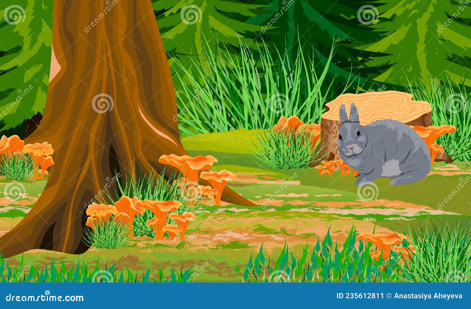 серый кролик в осеннем лесу с грибами Иллюстрация вектора - иллюстрации  насчитывающей место, естественно: 235612811
