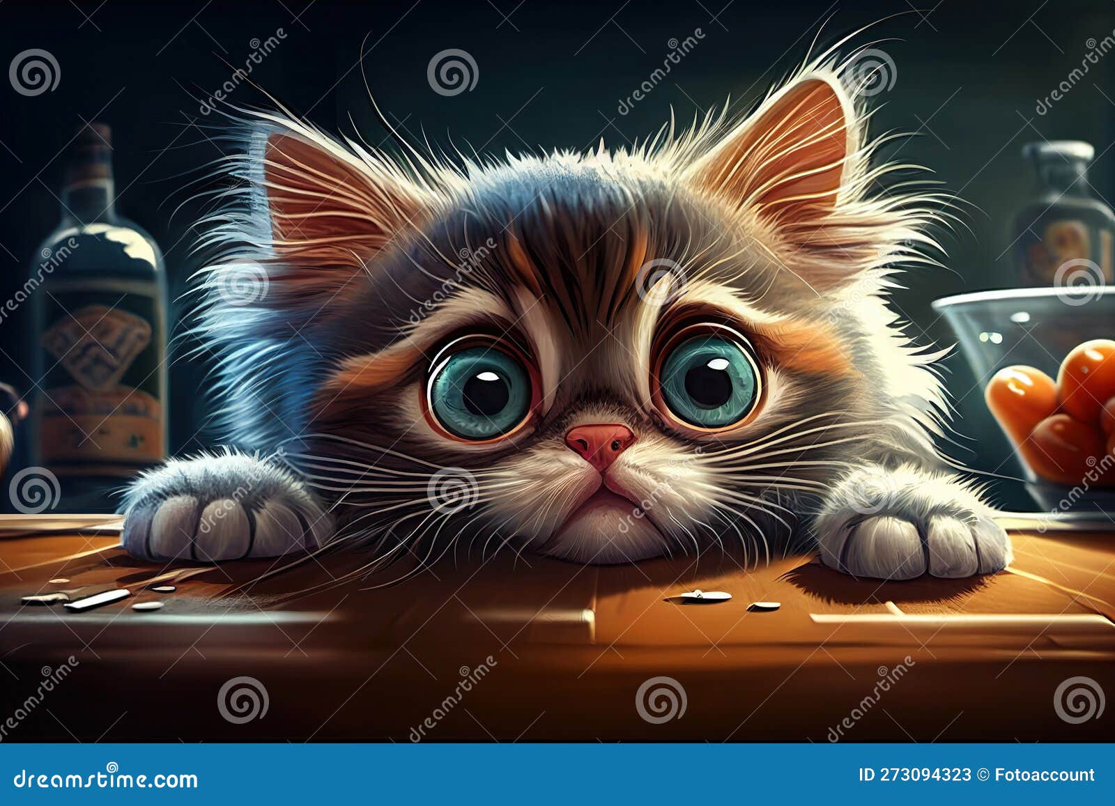симпатичный кот котенок с безумными глазами, лежащими на столе, и смотрит  на камеру генеративный помощник Иллюстрация штока - иллюстрации  насчитывающей заинтересовано, красивейшее: 273094323