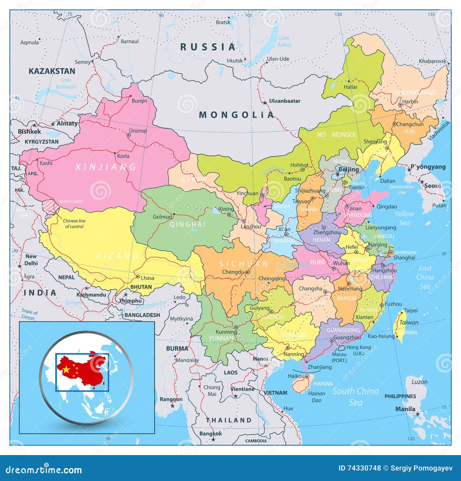 Сильно детальная политическая карта Китая с дорогами, железными дорогами иИллюстрация вектора - иллюстрации насчитывающей иллюстрация, зеленый:74330748