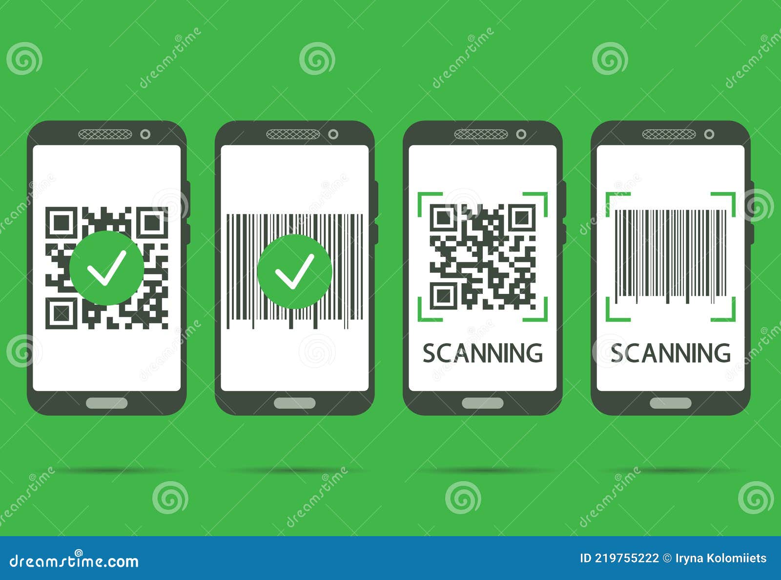 сканировать Qr-код с помощью мобильного телефона. проверки кода Qr  завершены. обрабатываемый штрих-код на экране смартфона. провер Иллюстрация  вектора - иллюстрации насчитывающей прибор, продукт: 219755222