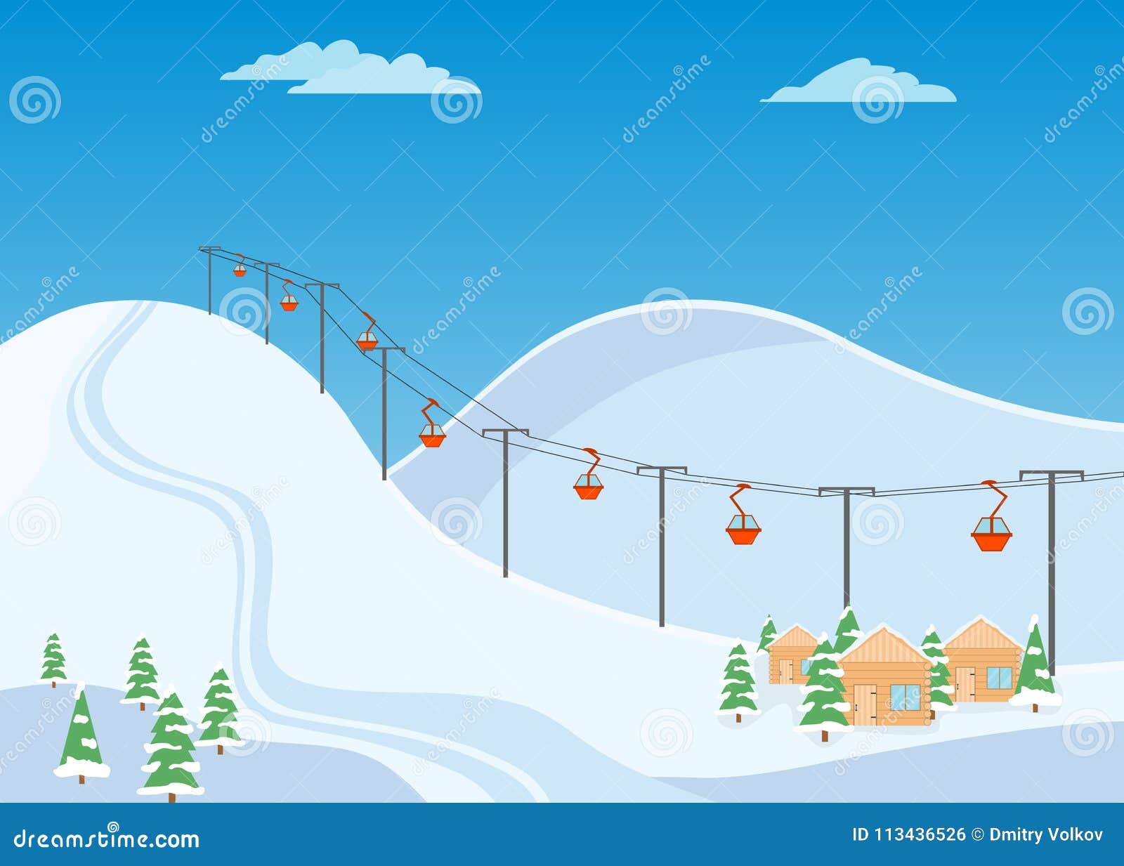 След лыжи горы, лыжный курорт с снегом и деревянные дома Иллюстрация штока  - иллюстрации насчитывающей красно, фуникулярно: 113436526