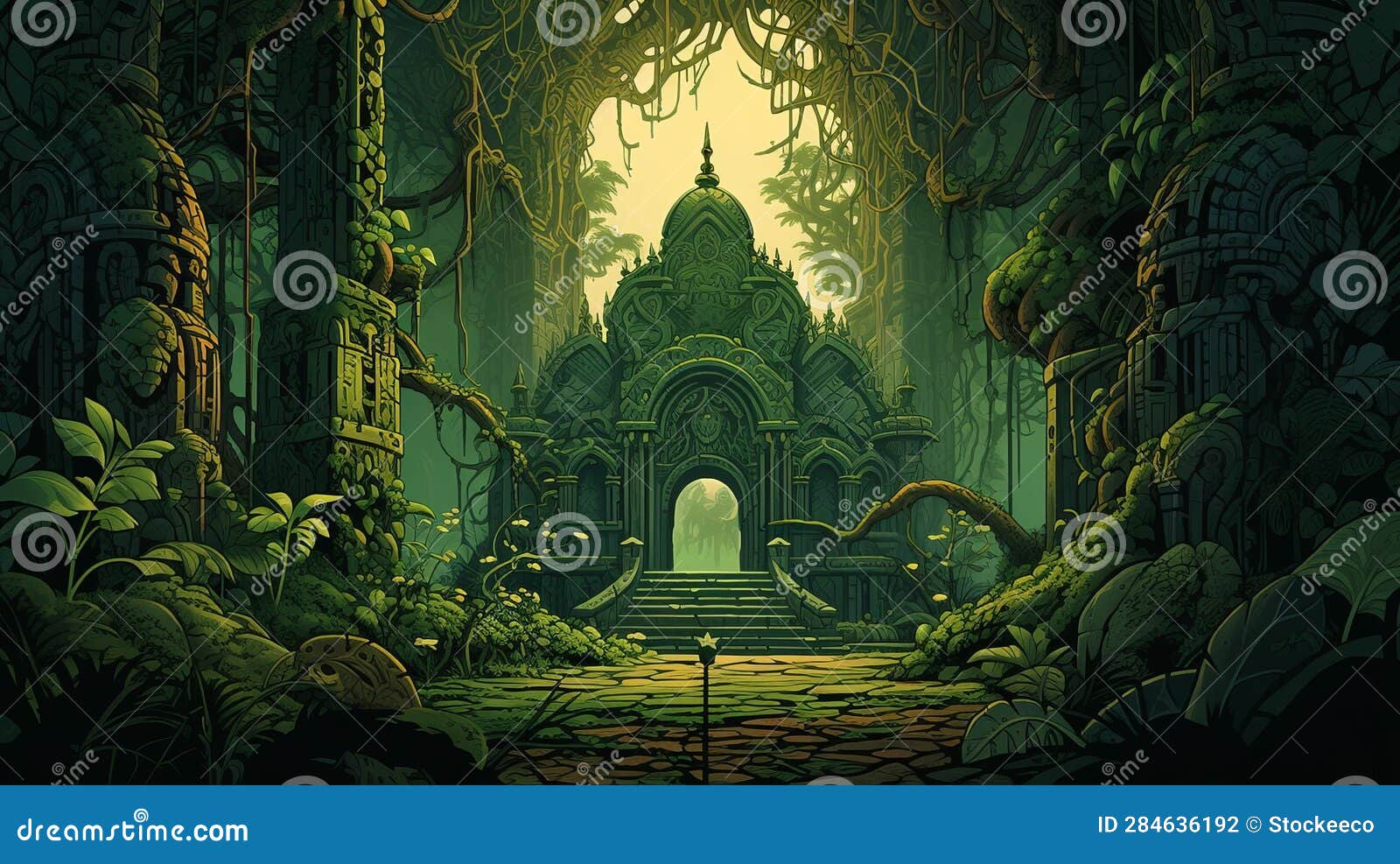 сложные 2d-векторные рисунки : Древний храм окутан пышной зелёной  Иллюстрация штока - иллюстрации насчитывающей фантазия, зелень: 284636192