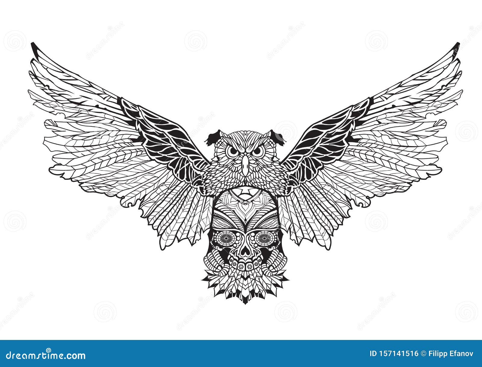 Сова с распространенными крыльями, занимающих череп в лапах Рисунок контур,  эскиз татуировки Его можно использовать для того, что Иллюстрация штока -  иллюстрации насчитывающей волшебство, этническо: 157141516