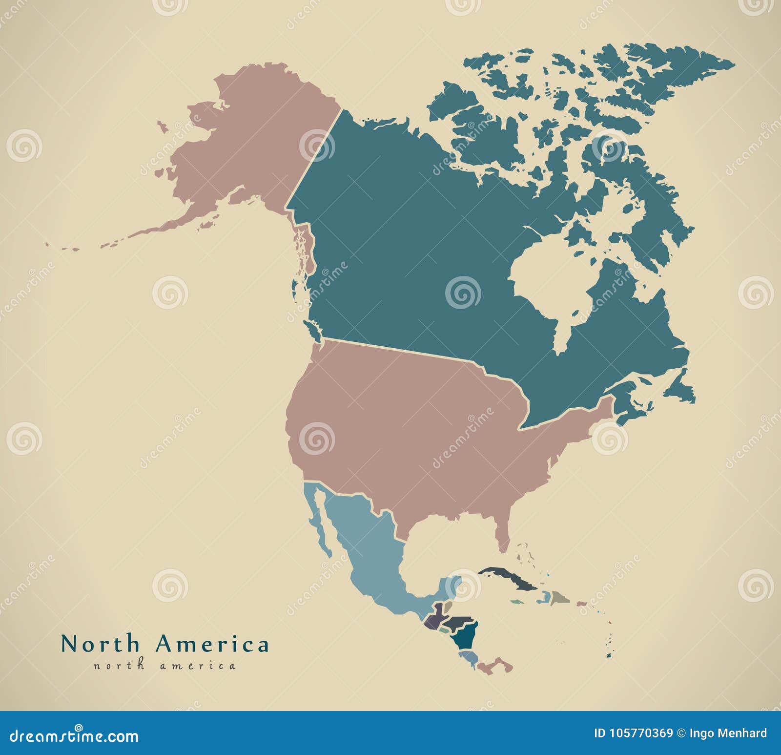 Современная карта - карта Северной Америки с странами покрасила полныйИллюстрация штока - иллюстрации насчитывающей америка, канада: 105770369