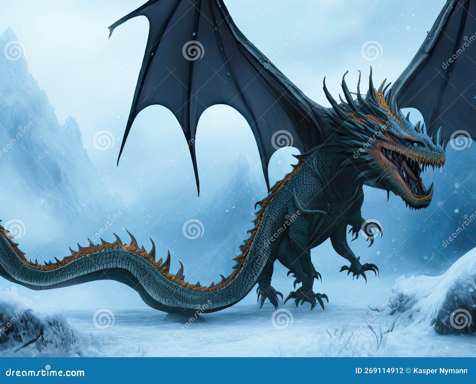 созданное изображение страшного дракона с острыми зубами и длинным хвостом  в снегу Иллюстрация штока - иллюстрации насчитывающей цифрово, фе: 269114912