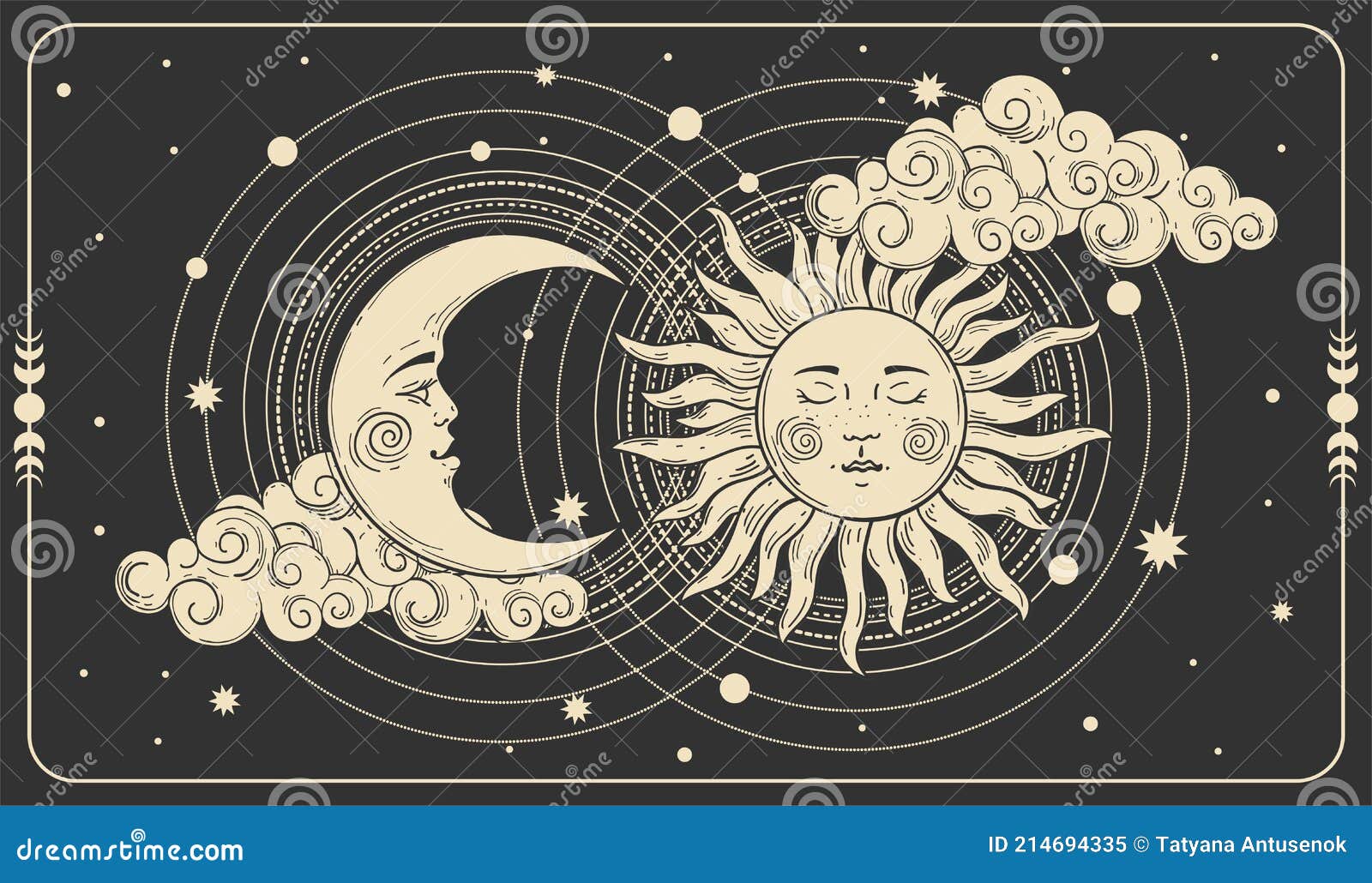 Солнце и луна со стороны серповидная на черном фоне космической. Концепция ка��тытаро волшебства мифологии Иллюстрация вектора - иллюстрации насчитывающейдекоративно, спирта: 214694335