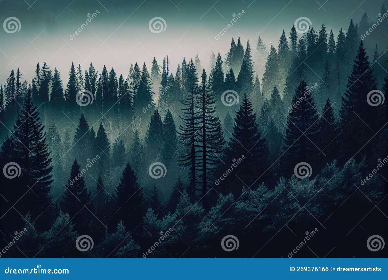 сосновый лес живопись горный туман пышные деревья деревья лесные деревья  тёмные обои фон генеративный ай Иллюстрация штока - иллюстрации  насчитывающей подача, темнота: 269376166
