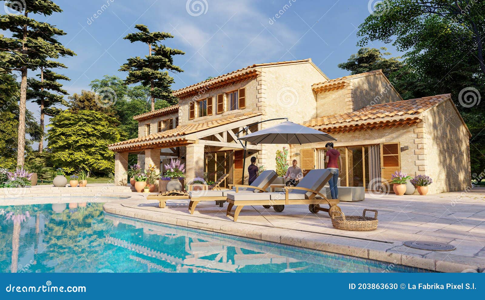 Средиземноморской виллы в стиле с бассейном и садом Иллюстрация штока -  иллюстрации насчитывающей лежак, строя: 203863630
