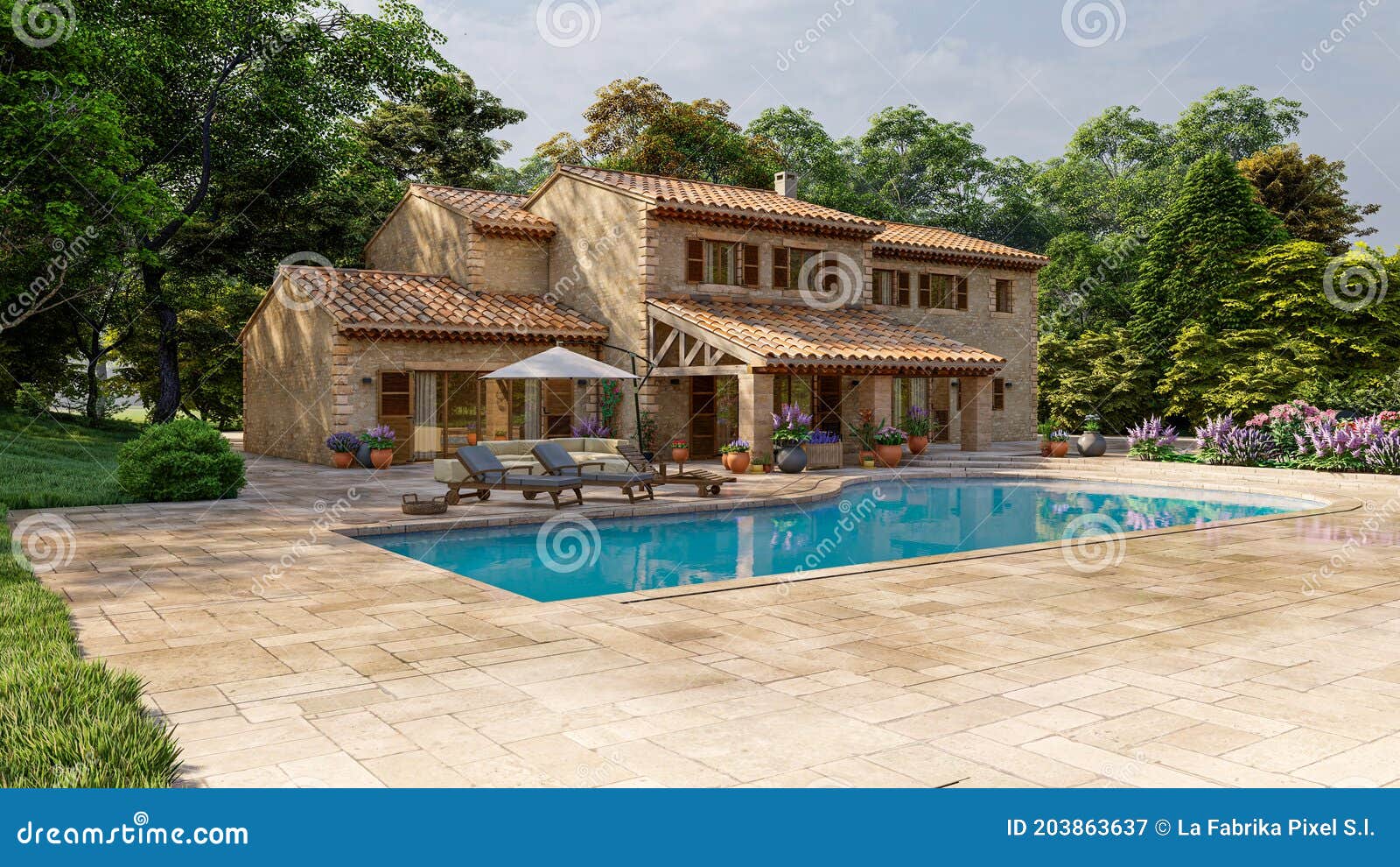 Средиземноморской виллы в стиле с бассейном и садом Иллюстрация штока -  иллюстрации насчитывающей имущество, причудливый: 203863637