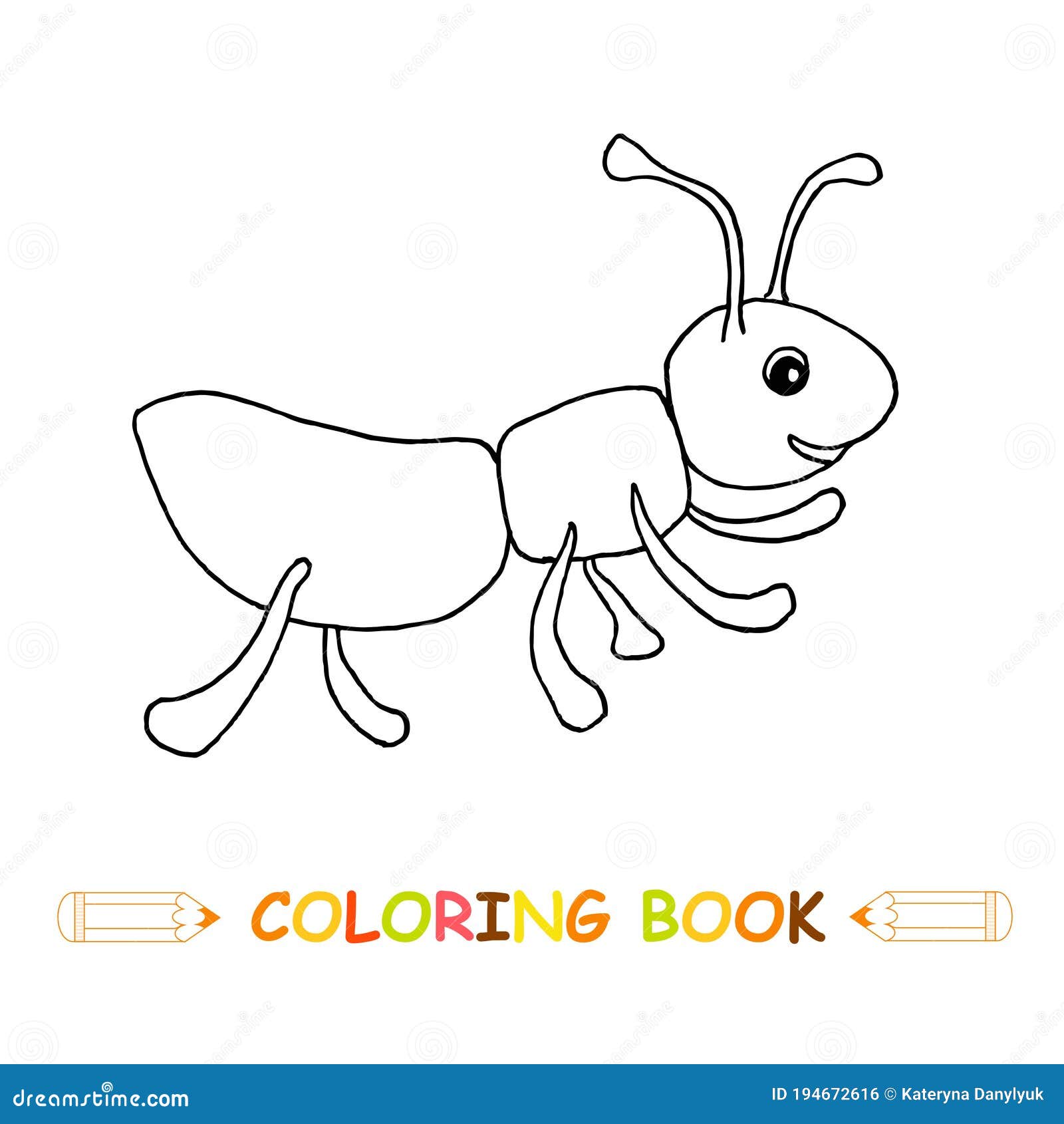 Ant Coloring Page Vector Illustration, Cute Insect in Monochrome ...