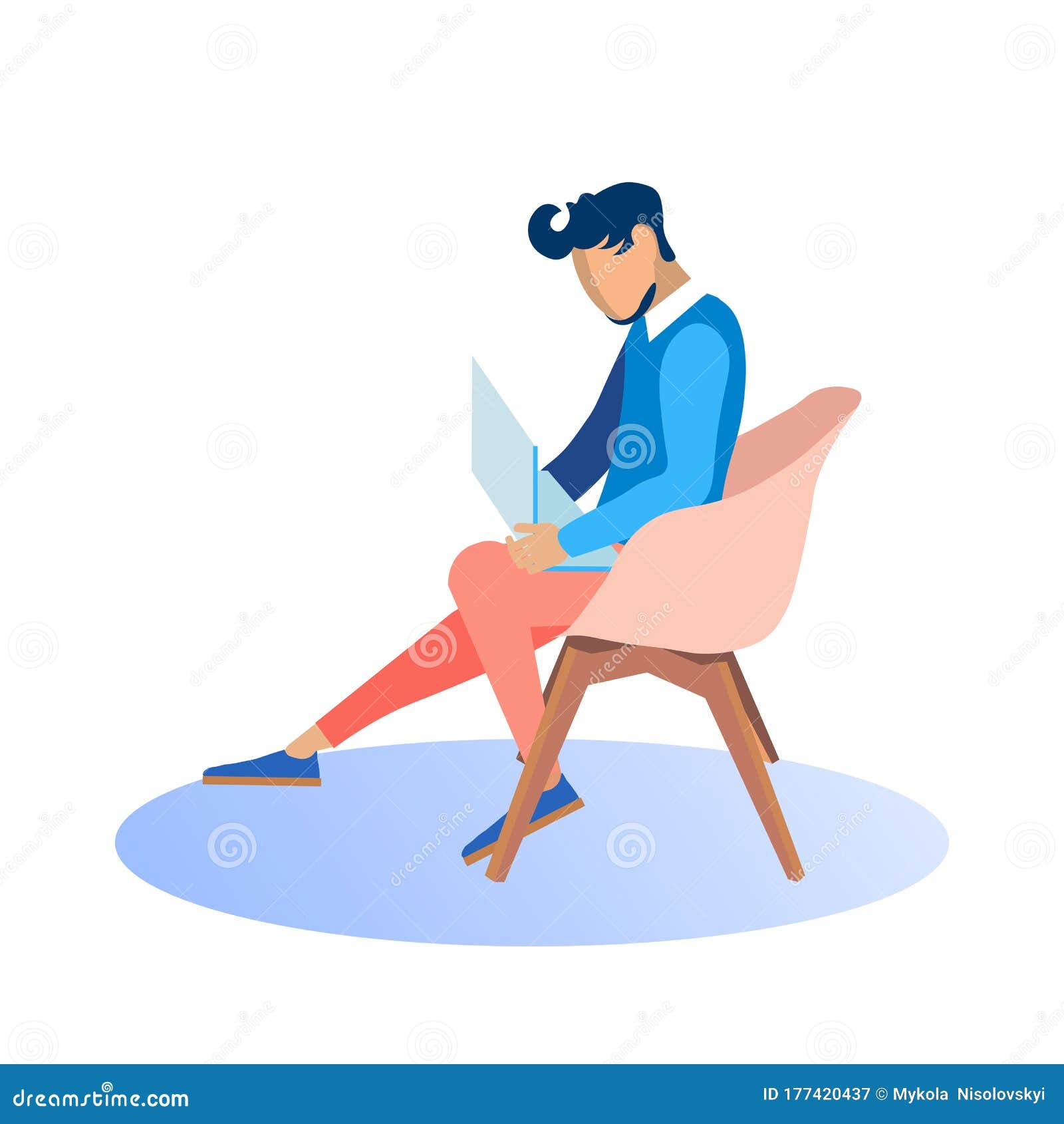 Стильный человек, работающих на ноутбуке, сидя в кресле. Иллюстрациявектора - иллюстрации насчитывающей шарж, женщина: 177420437