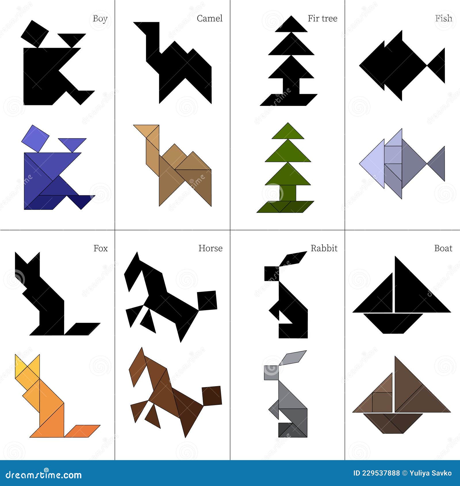 Схемы Игры Tangram Загадывают Разные Объекты Иллюстрация Вектора.
