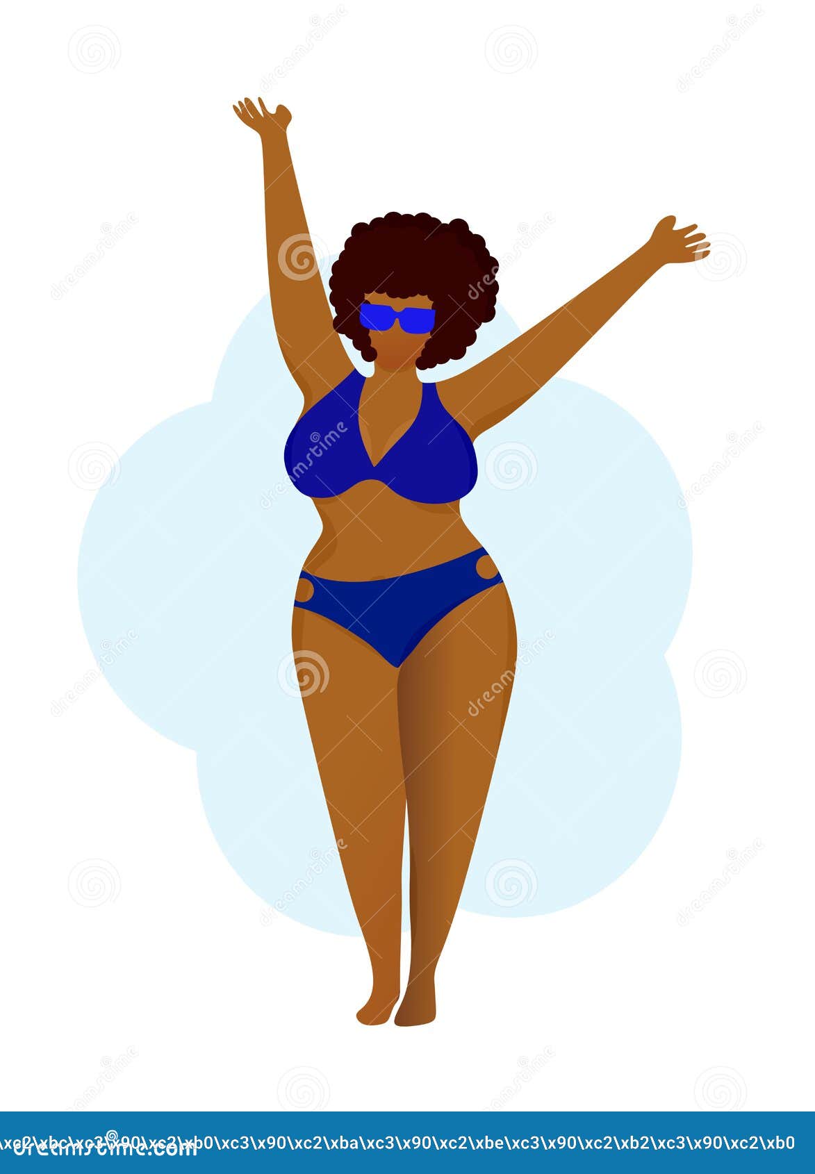 счастливая пухлая девушка с тёмной кожей в синем купальнике. бодипозитив.  любите свое тело. девушки на пляже. принятие тела Иллюстрация вектора -  иллюстрации насчитывающей бобра, многорасовый: 219613394