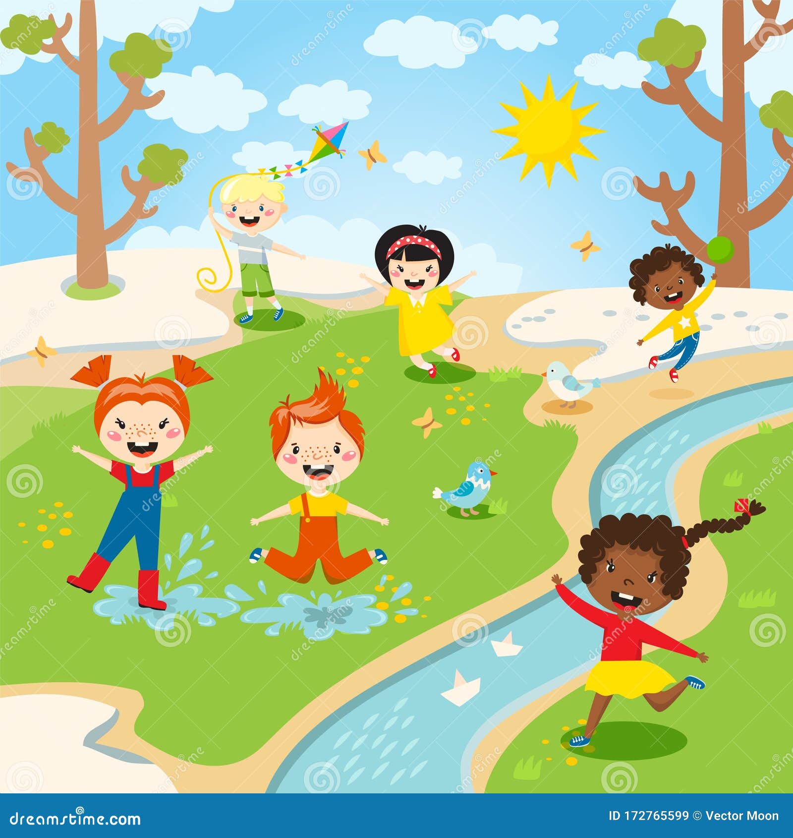 Счастливые дети, наслаждаясь иллюстрации вектора погоды весны на открытом  воздухе Иллюстрация вектора - иллюстрации насчитывающей отдых, детсад:  172765599