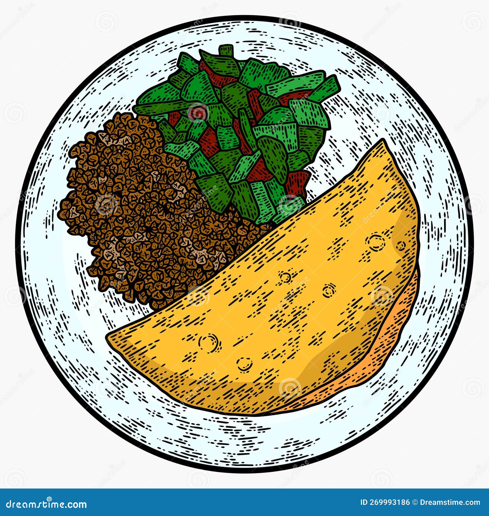 тарелка с едой. омлет с каши и овощами. гравировка растрового изображения.  цвет эскиза. Иллюстрация штока - иллюстрации насчитывающей предмет,  конструкция: 269993186