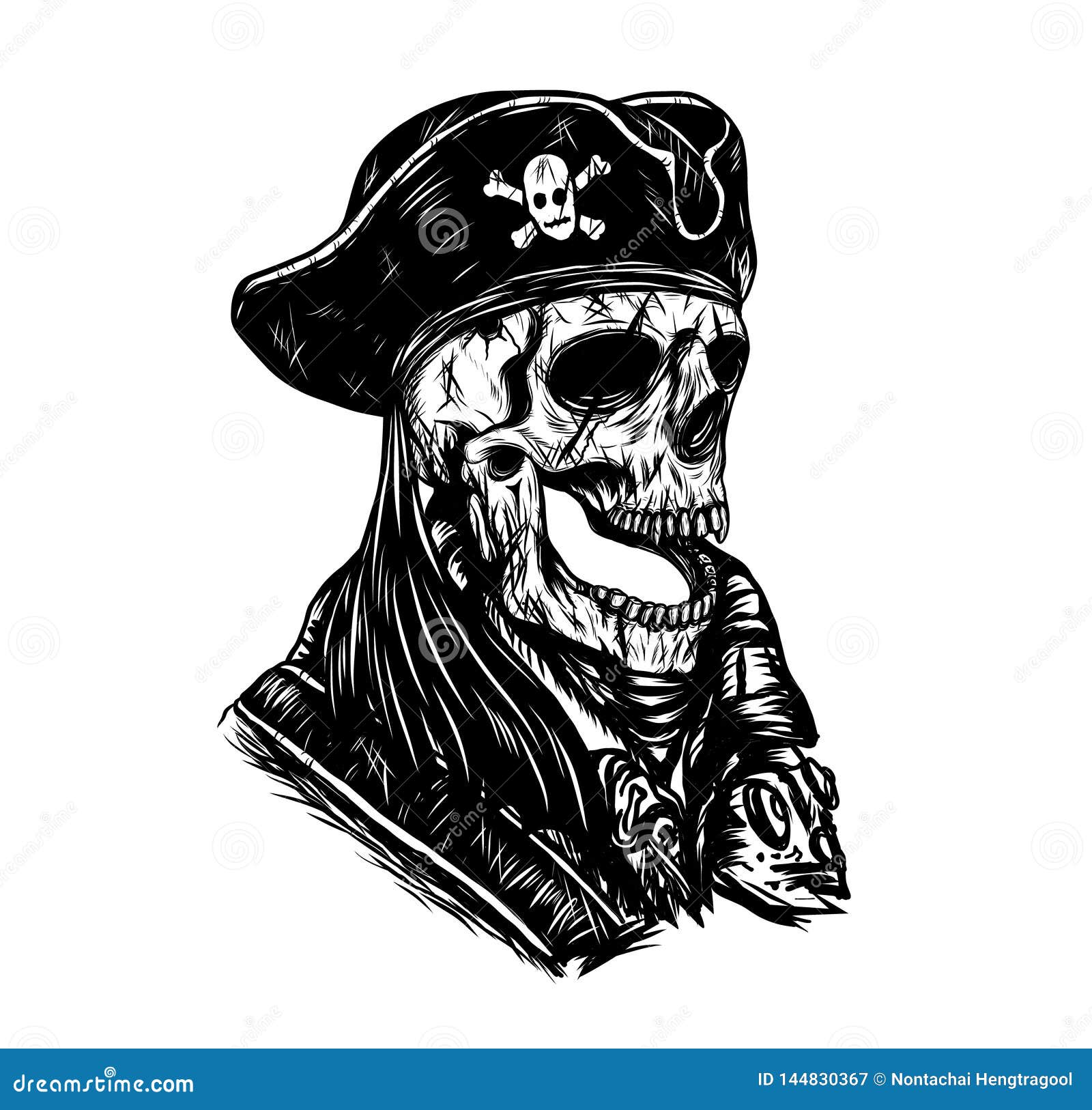 Татуировка вектора черепа пирата вручную рисуя Иллюстрация вектора -  иллюстрации насчитывающей ужас, старо: 144830367